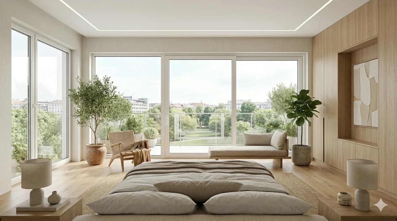Современные окна в спокойном светлом интерьере