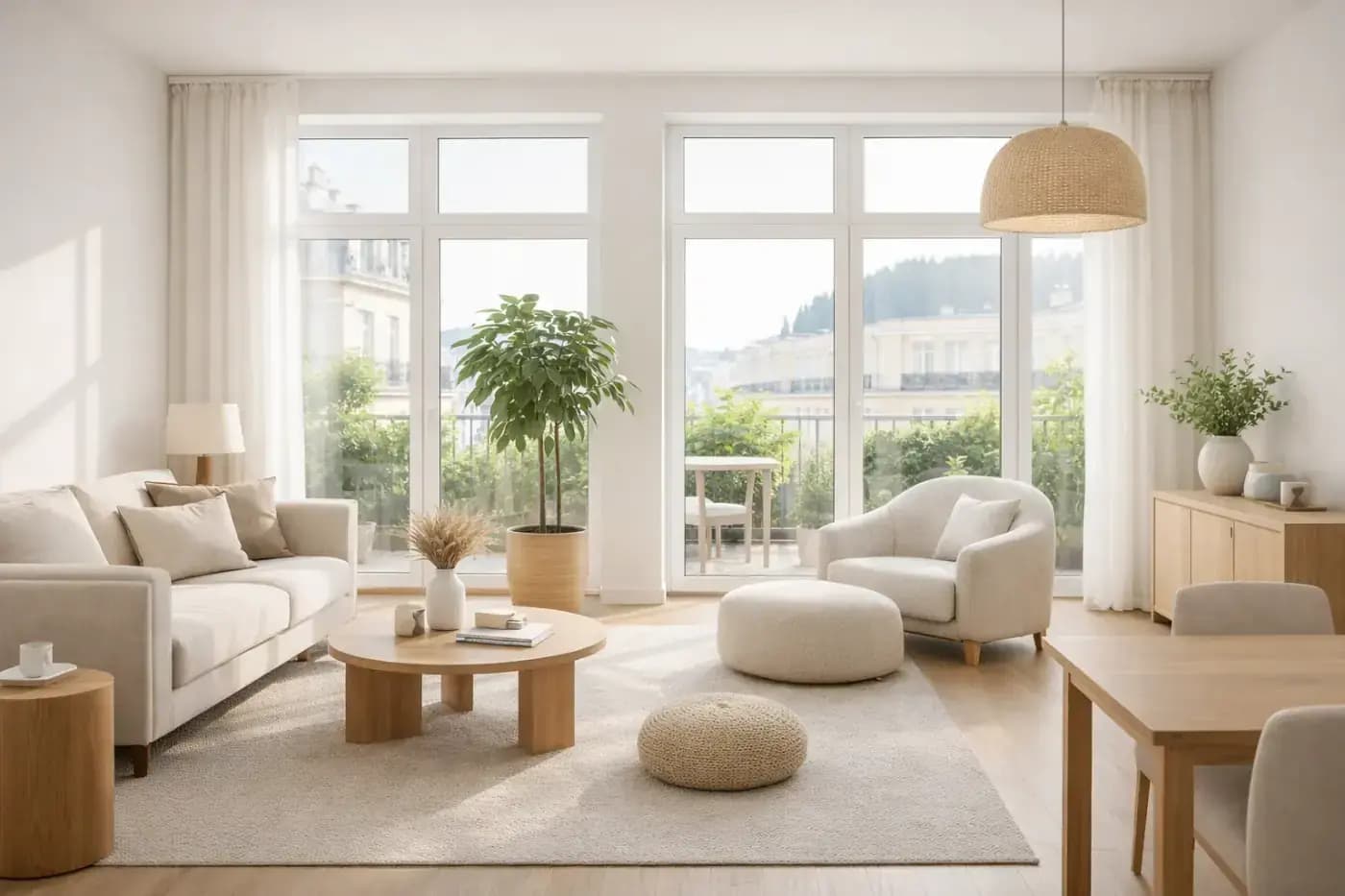 Светлый интерьер с большим окном для баннера о бесплатном замере