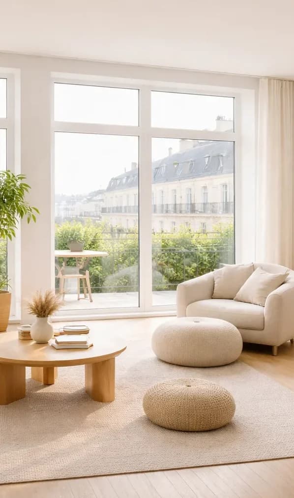 Светлый современный интерьер с большими окнами