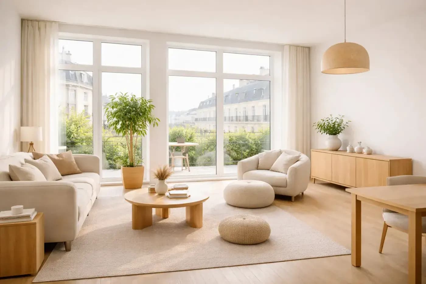 Светлый современный интерьер с большими окнами